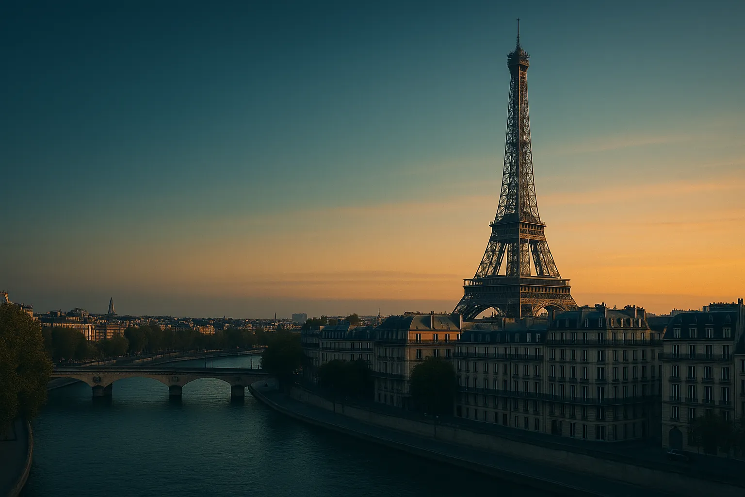 Paris à l'heure dorée — tour Eiffel et immeubles haussmanniens le long de la Seine